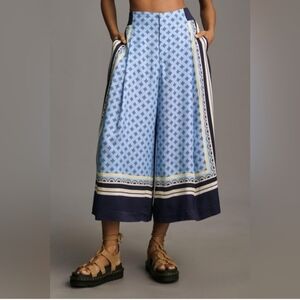 Maeve by Anthropologie Printed Pleated Culottes Wide Leg Navy Size L Hi Rise